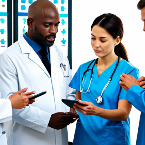 Home 20 **
"A diverse group of fully clothed sports rehabilitation professionals collaborating around a digital tablet in a modern clinic. They are reviewing patient data and discussing treatment plans. Safe for work, appropriate content, professional, perfect anatomy, correct proportions, natural pose, well-formed hands, proper finger count, natural body proportions, professional attire."
**