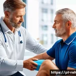 Home 18 스포츠재활사와 운동처방사의 차이 - A professional sports rehabilitation therapist in a modern clinical setting, carefully assessing a m...