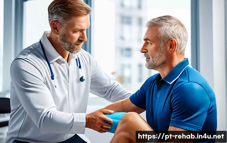 스포츠재활사와 운동처방사의 차이 - A professional sports rehabilitation therapist in a modern clinical setting, carefully assessing a m...