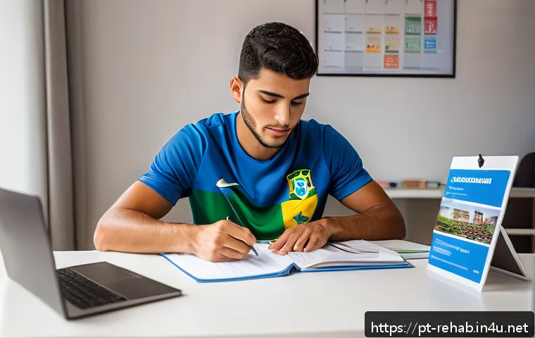 스포츠재활사 필기시험 빈출 문제 - A focused study environment showing a young Brazilian professional preparing for a sports rehabilita...