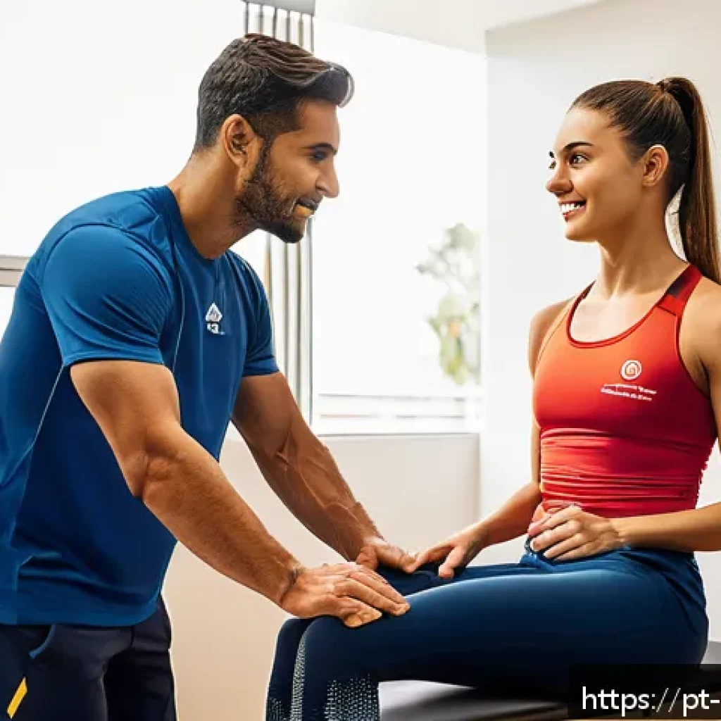 스포츠재활사 블로그 운영 전략 - A professional Brazilian sports physiotherapist in a modern clinic setting, wearing branded sportswe...