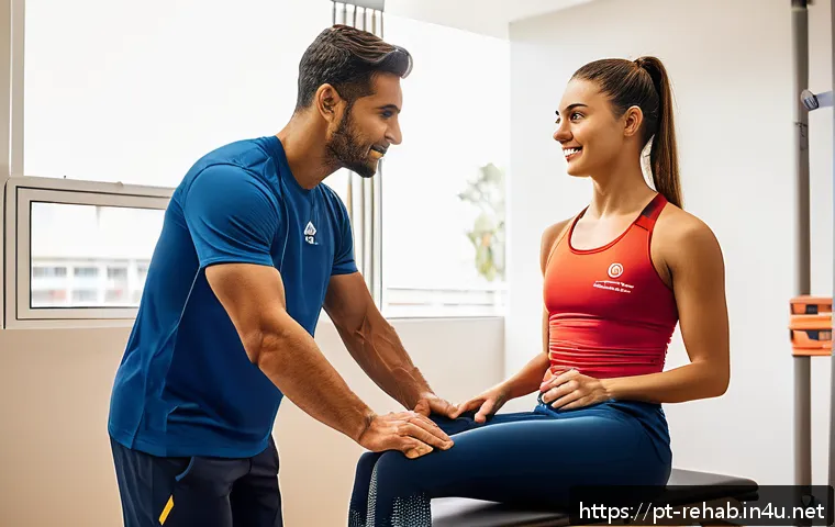 스포츠재활사 블로그 운영 전략 - A professional Brazilian sports physiotherapist in a modern clinic setting, wearing branded sportswe...