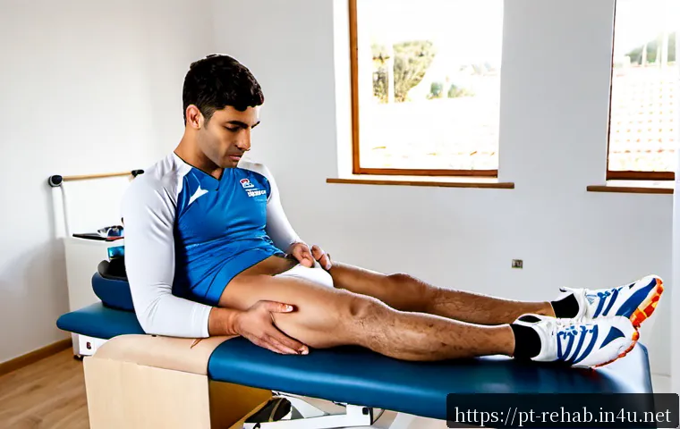 스포츠재활사의 실전 처치 사례 - Photorealistic sports rehabilitation clinic in Portugal, a skilled physiotherapist providing immedia...