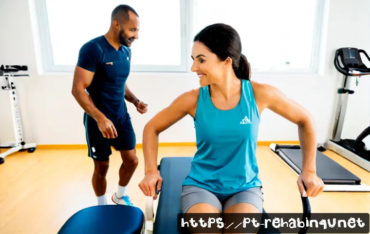 스포츠재활사의 직업 만족도 조사 - Photorealistic sports rehabilitation professional in a bright modern physiotherapy clinic in Portuga...